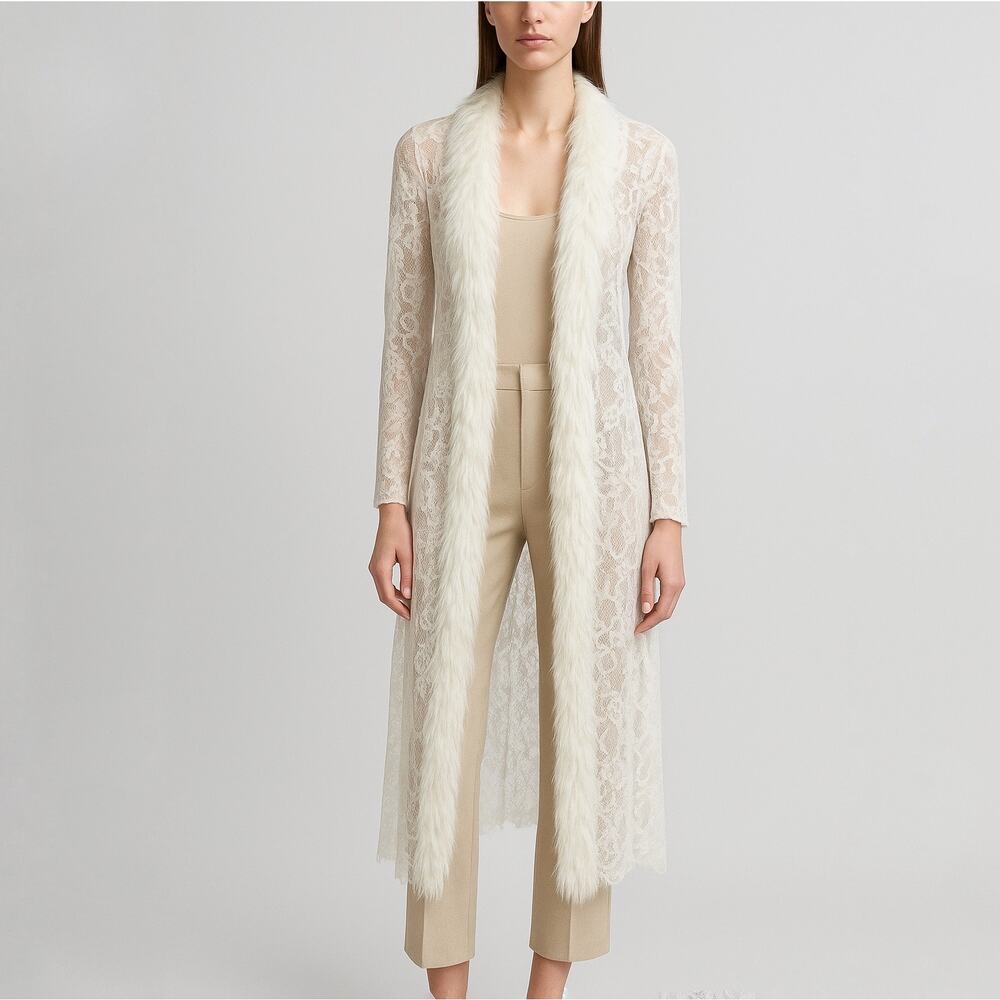 Vintage Y2k Moda International White Lace Duster Faux Fur‎ Trim Sz XS Penny Lane